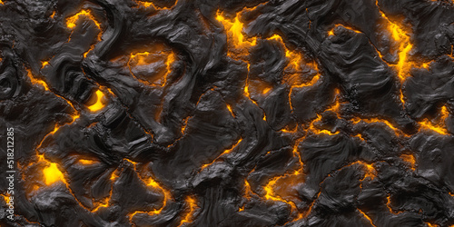 Seamless molten lava and melting volcanic rock background texture. Tileable red orange liquid magma and black coals surface pattern backdrop. Apocalypse, hell or global warming concept 3D rendering.