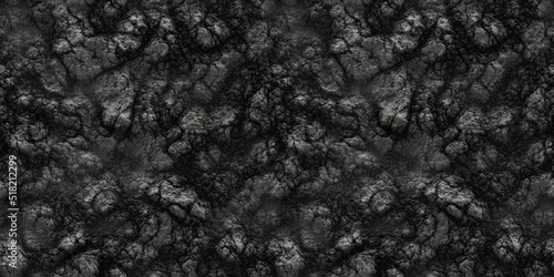 Seamless black volcanic ash and dried molten lava rock background texture. Tileable black coal and soot surface pattern backdrop. Apocalypse, drought, energy or global warming concept 3D rendering.