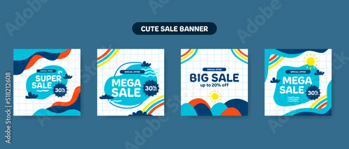 set of sale offer discount promotion for kid baby with abstract memphis blue color