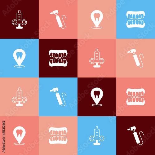 Set pop art Syringe, Tooth drill, Dental clinic location and Dentures model icon. Vector