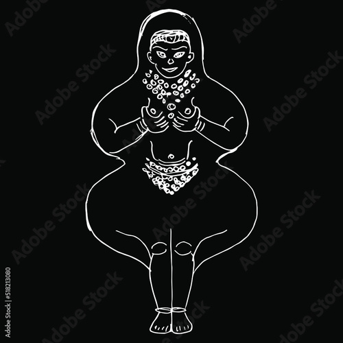 Ancient Iranian fertility goddess. Ishtar or Inanna. Hand drawn doodle sketch. White silhouette on black background.