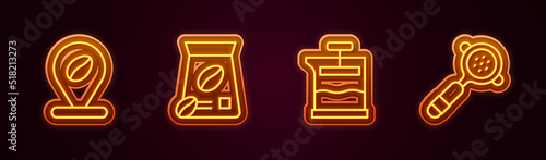 Set line Location with coffee bean, Bag beans, French press and Coffee filter holder. Glowing neon icon. Vector