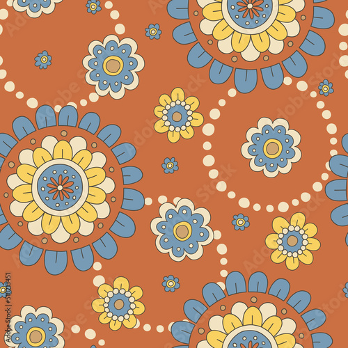 Colorful Orange, Yellow, Blue Large Scale Hand-Drawn Floral Vector Seamless Pattern. Retro 70s Style Nostalgic Fashion Textile Bold Background. Summer Resort Print. Daisies. Flower Power