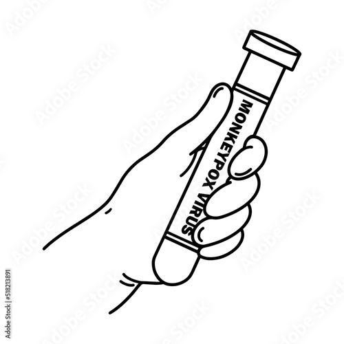 The doctor holds a test tube in his hand vector illustration. Glass vial with blood sample, monkeypox virus test. Laboratory analysis. Black outline isolated on white. Clipart for medical sites