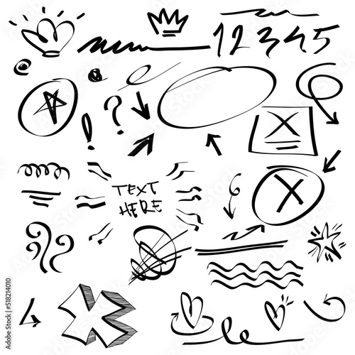 Doodle elements for concept design on set. isolated on white background. Infographic elements. Emphasis  curly swishes  swoops  swirl  arrow  heart  crown  star. vector illustration.