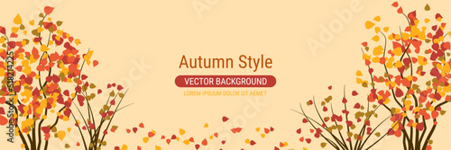 Autumn cartoon style vector banner template. Yellow background with colorful tree leaves