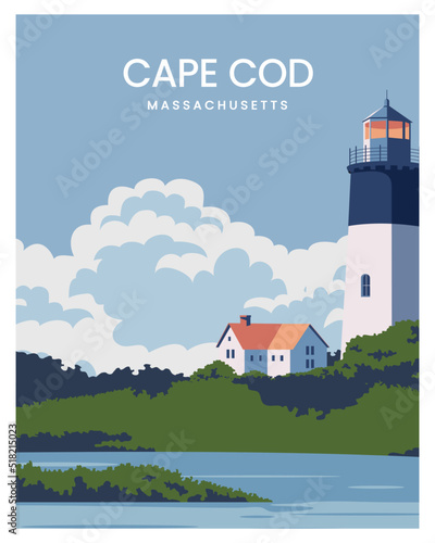Fotomurale cape cod massachusetts with Lighthouse poster illustration