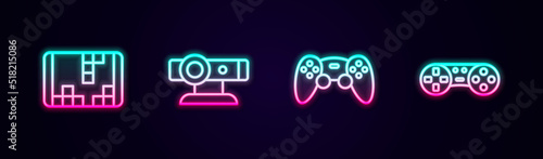 Set line Portable video game console, Web camera, Game controller joystick and . Glowing neon icon. Vector