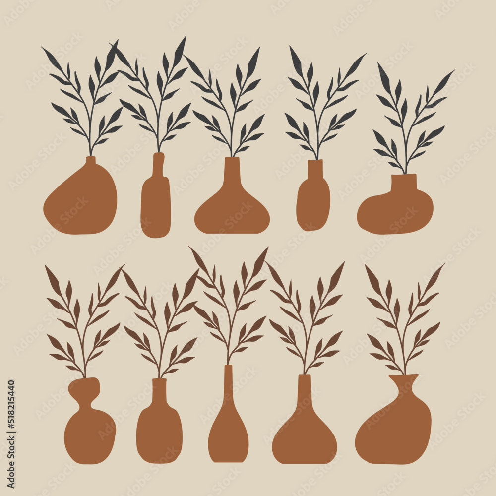 Aesthetic Vase Shape With Leaves Element In Earth Tone Color Flat Vase Illustration Stock Vector Adobe Stock