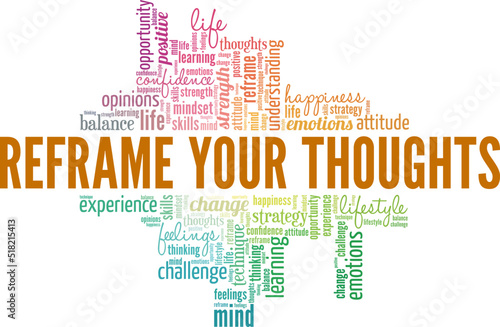 Reframe Your Thoughts word cloud conceptual design isolated on white background.