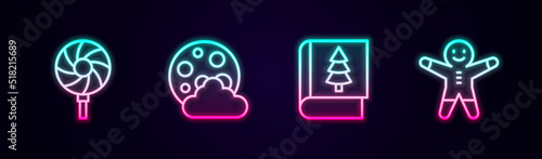 Set line Lollipop, Christmas night, book and Holiday gingerbread man cookie. Glowing neon icon. Vector
