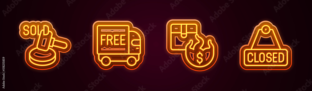 Set line Auction hammer, Free delivery service, Hot price and Hanging sign with text Closed. Glowing neon icon. Vector Set line Auction hammer, Free delivery service, Hot price and Hanging sign with text Closed. Glowing neon icon. Vector