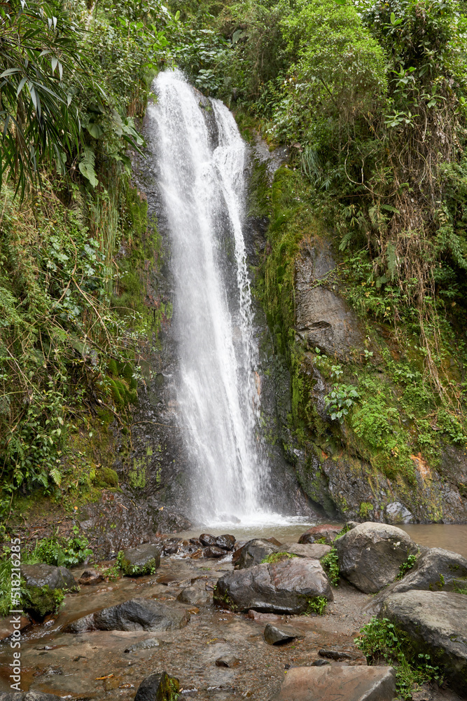 High waterfall base full of rocks