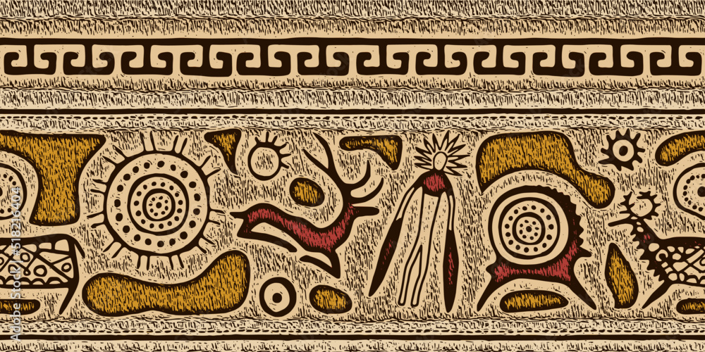 Ethnic border on the theme of rock paintings, vector design. Seamless pattern, banner.