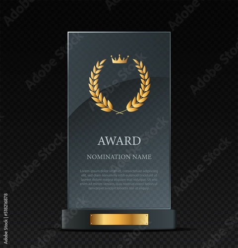 Glass Trophy Award. Reward for winners of competition, prize for achievement. Glass cup for movie or series on transparent background. Best employee motivation. Realistic 3d vector illustration