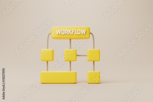 Fototapeta Business process and workflow automation with flowchart. Yellow cube arranging processing management. 3d rendering illustration