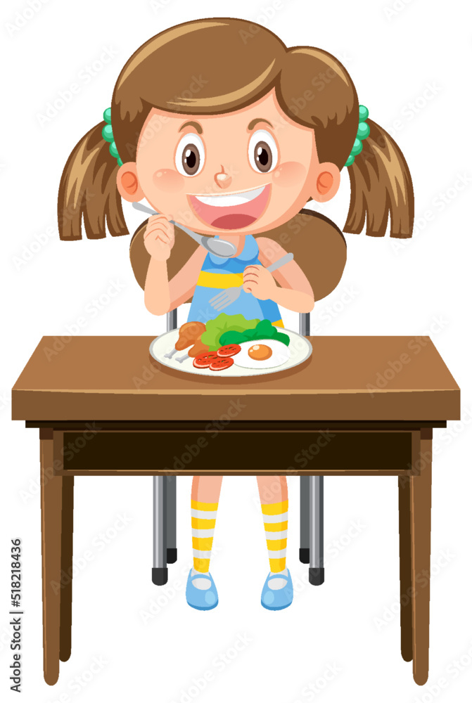 Cute girl cartoon character eating breakfast Cute girl cartoon character eating breakfast