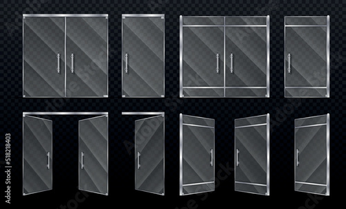 Realistic glass door set. Collection of exterior design elements, doors for boutiques and showcases for shops. Modern architecture. 3D vector illustrations isolated on transparent background