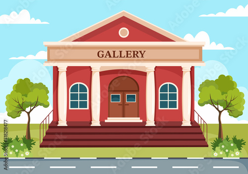 Art Gallery Museum Building Cartoon Illustration with Exhibition, Culture, Sculpture and Painting for Some People to See it in Flat Style Design