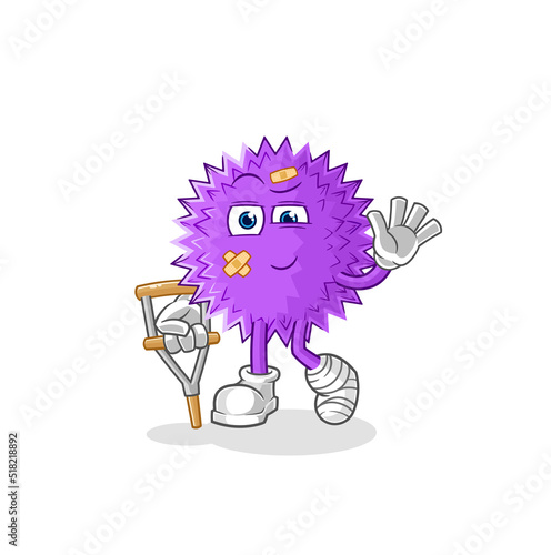 spiky ball sick with limping stick. cartoon mascot vector