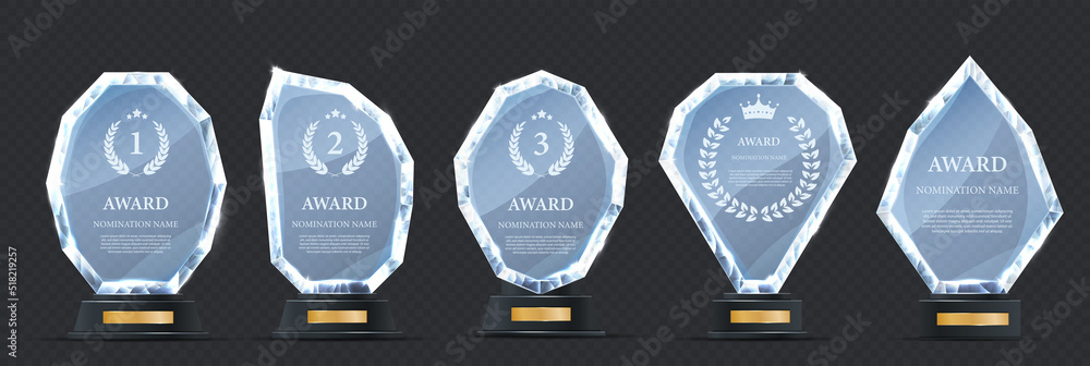 Realistic award set. Collection of glass prizes and trophies for ...