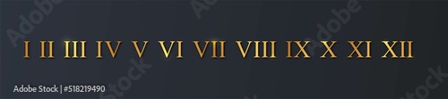 Roman alphabet set. Stylish golden numbers, graphic elements in vintage antique style for website, mobile application interface. Metallic realistic vector illustrations isolated on dark background