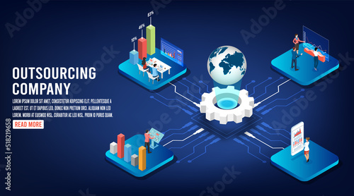 3D isometric outsourcing company concept with Idea of teamwork, project delegation, business strategy, software development service.  Vector illustration eps10