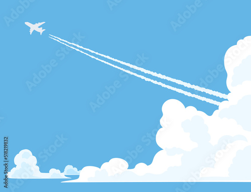 Fototapete 夏空の入道雲の向こうに飛んでいくジェット機と飛行機雲　背景・壁紙
