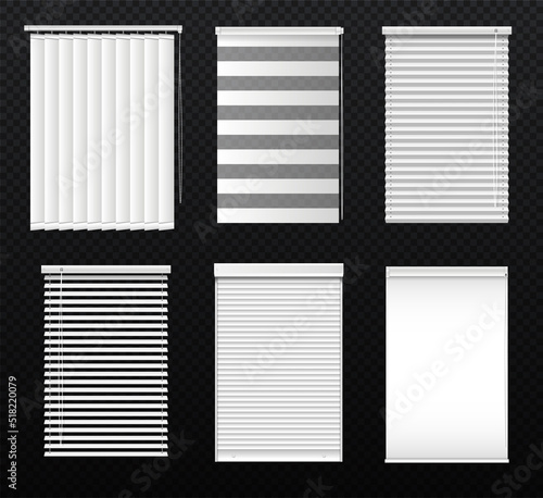 Shutters for windows set. Collection of blinds for sun protection, stylish modern elements for windows in home and office. Realistic 3d vector illustrations isolated on transparent background