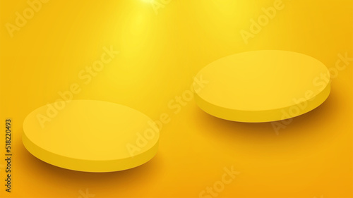 Yellow circle platform decorated with lighting on yellow background. Two blank pedestals for product display, advertising, and show. Vector illustration.