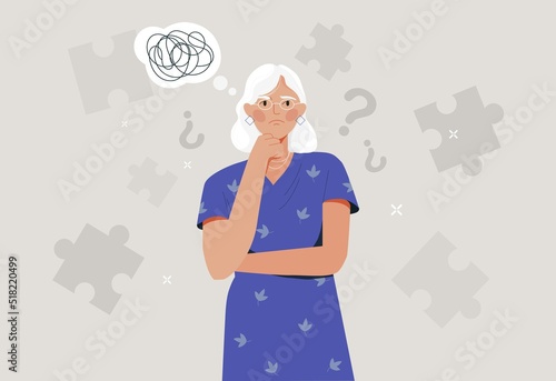 Alzheimer illness concept. Elderly woman with glasses trying to remember something. Diseases from old age, problems with brain and memory. Amnesia and dementia. Cartoon flat vector illustration