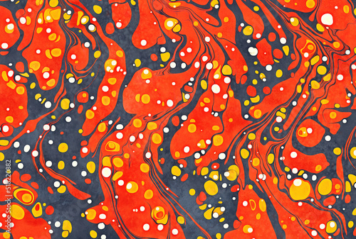 An inkscape or ink marbling image with deep blues, reds, yellows, and white