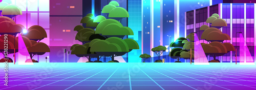 neon urban town street view through VR glasses mega city building houses exterior metaverse virtual reality technology