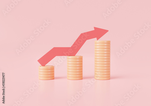 Money growth concept. Red up arrow and coin stacks. Financial success, Economic growth, online payment, business money investment, profit, coin, cash. 3d icon render illustration. cartoon minimal