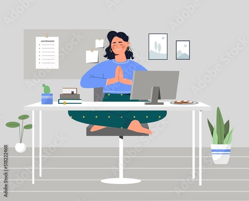 Businesswoman meditating at workplace. Woman sit in lotus position and works on laptop. Metaphor for calmness and concentration at work. Freelancer or remote employee. Cartoon flat vector illustration