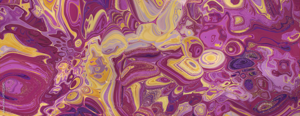 Flowing Abstract Marbling Banner in Beautiful Violet and Yellow colors. Liquid texture with Gold Glitter. Flowing Abstract Marbling Banner in Beautiful Violet and Yellow colors. Liquid texture with Gold Glitter.