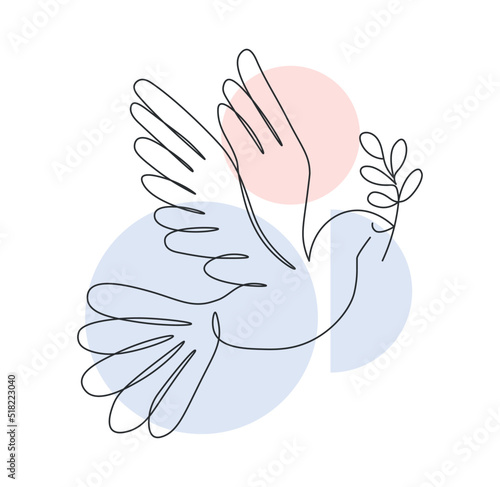 Hand drawn dove. Symbol of love and peace, minimalistic logotype. Bird with olive branch. Faith and freedom. Sign of wedding and romantic relationship. No war. Cartoon flat vector illustration