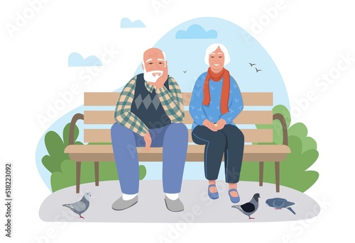 Elderly couple at park. Grandparents sitting on park bench. Family on romantic date, husband and wife feeding pigeons. Seniors on walk in summer or spring season. Cartoon flat vector illustration