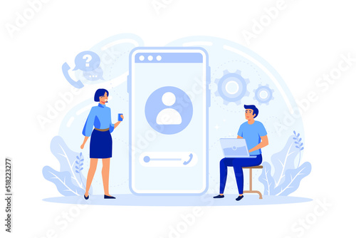 Concept customer and operator, online technical support 24-7 for web page. male hotline operator advises client. Online assistant, virtual help service for business.