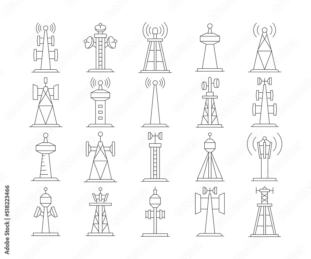 radio mask and communication tower icons set vector illustration radio mask and communication tower icons set vector illustration