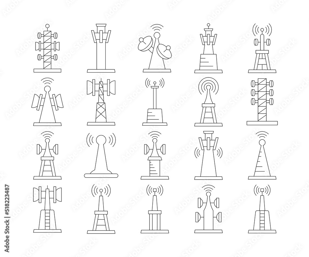 Fototapeta premium radio mast and communication tower icons set vector illustration