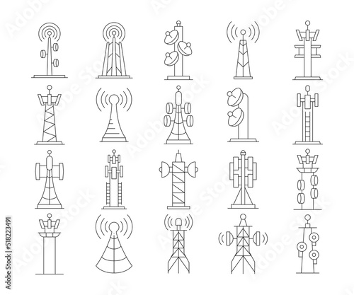 radio mast and communication tower icons set vector illustration