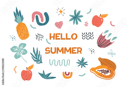 Hello summer set. Collection of juicy fruits and plants for holidays in exotic and tropical countries. Stickers for social networks. Cartoon flat vector illustrations isolated on white background