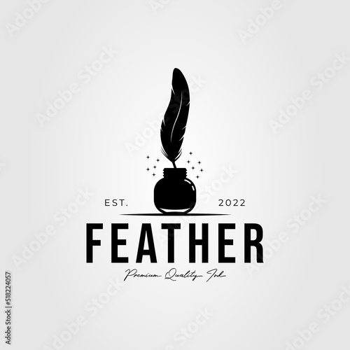 quill or feather pen with ink bottle logo vector illustration design