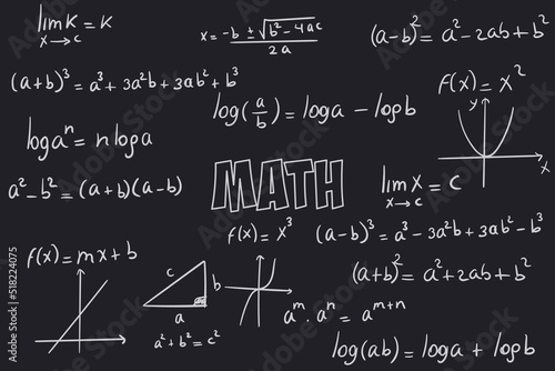 Notes of exercises, formulas and equations of mathematical calculation with a black chalkboard background
