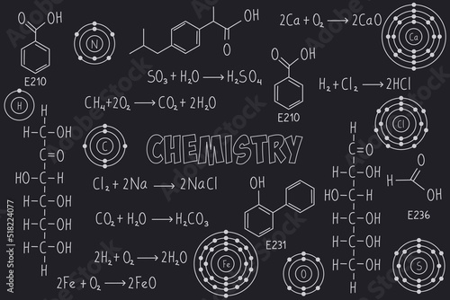 Exercise notes, chemistry formulas and equations, organic chemistry, chemical reactions, structural formula, atoms of chemical elements, with black chalkboard background