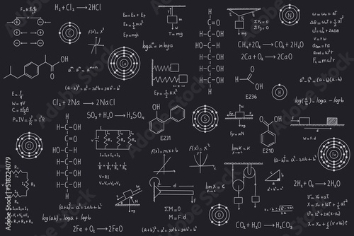 Calculus equations, algebra, organic chemistry, chemical reactions, chemical elements, physics, rectilinear motion, statics, electromagnetism, friction force, energy, with black chalkboard background