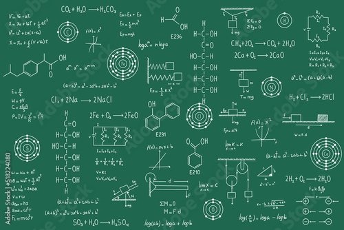 Calculus equations, algebra, organic chemistry, chemical reactions, chemical elements, physics, rectilinear motion, statics, electromagnetism, friction force, energy, with green chalkboard background