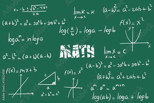 Math exercises, formulas and equations for calculus, algebra on green chalkboard background