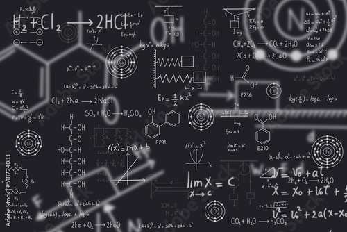 Calculus equations, algebra, organic chemistry, chemical reactions, chemical elements, physics, rectilinear motion, statics, electromagnetism, friction force, energy, with black background
